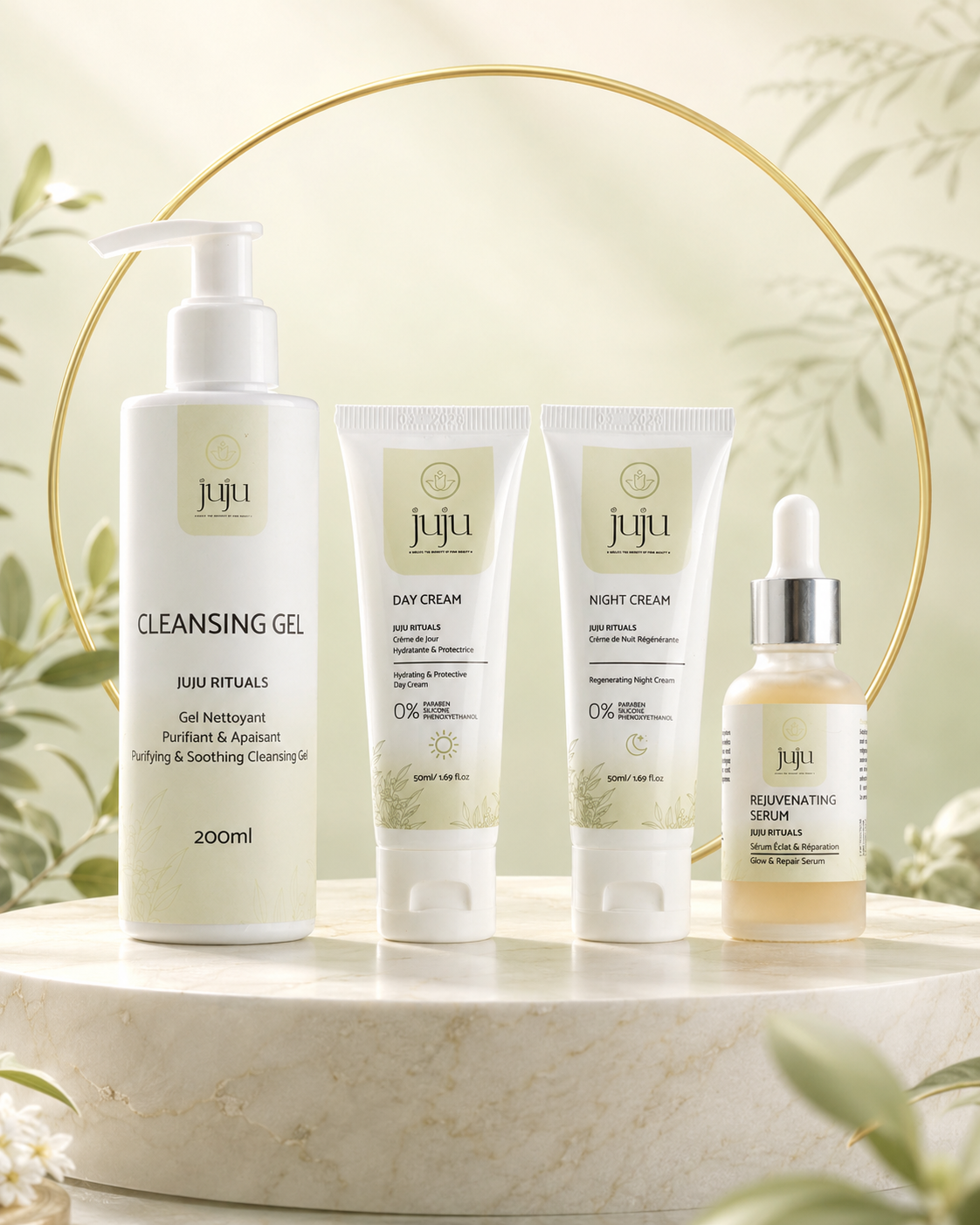 JUJU Pack Complet — sérum, crèmes et nettoyant sur podium en marbre